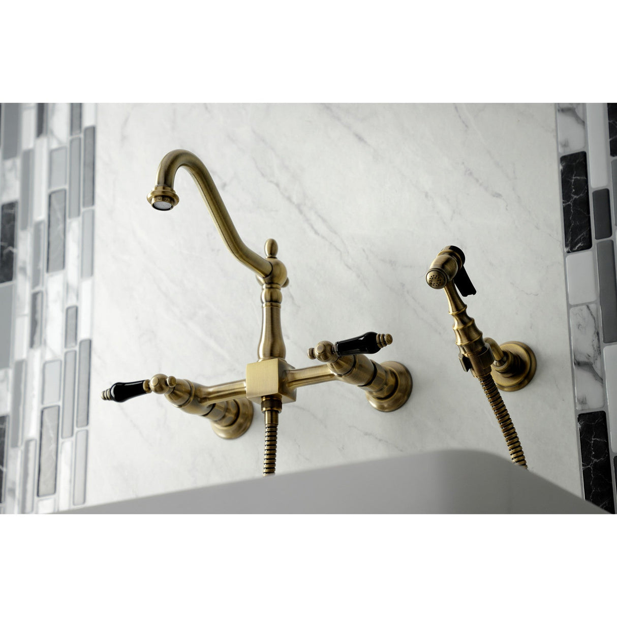 Duchess KS1243PKLBS Two-Handle 2-Hole Wall Mount Bridge Kitchen Faucet with Brass Sprayer, Antique Brass