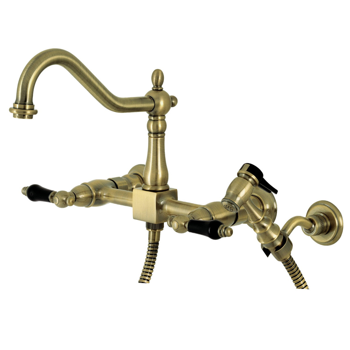 Duchess KS1243PKLBS Two-Handle 2-Hole Wall Mount Bridge Kitchen Faucet with Brass Sprayer, Antique Brass