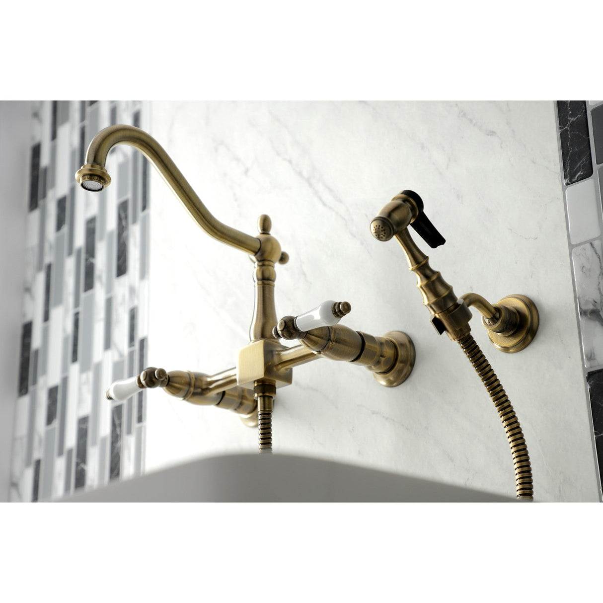 Heritage KS1243PLBS Two-Handle 2-Hole Wall Mount Bridge Kitchen Faucet with Brass Sprayer, Antique Brass