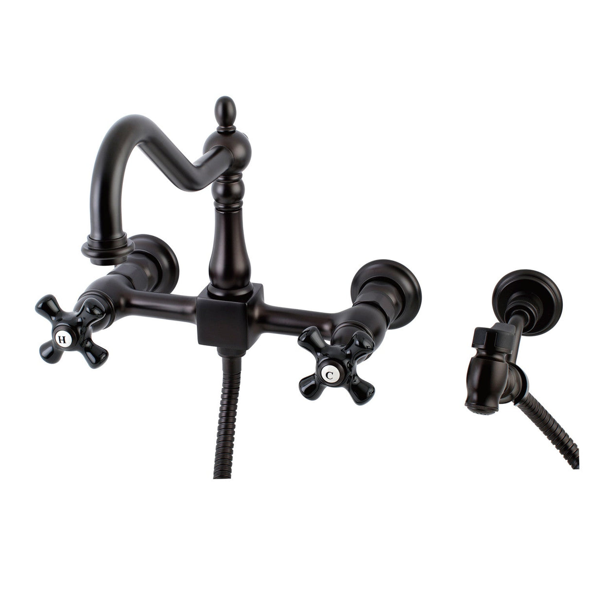 Duchess KS1245PKXBS Two-Handle 2-Hole Wall Mount Bridge Kitchen Faucet with Brass Sprayer, Oil Rubbed Bronze