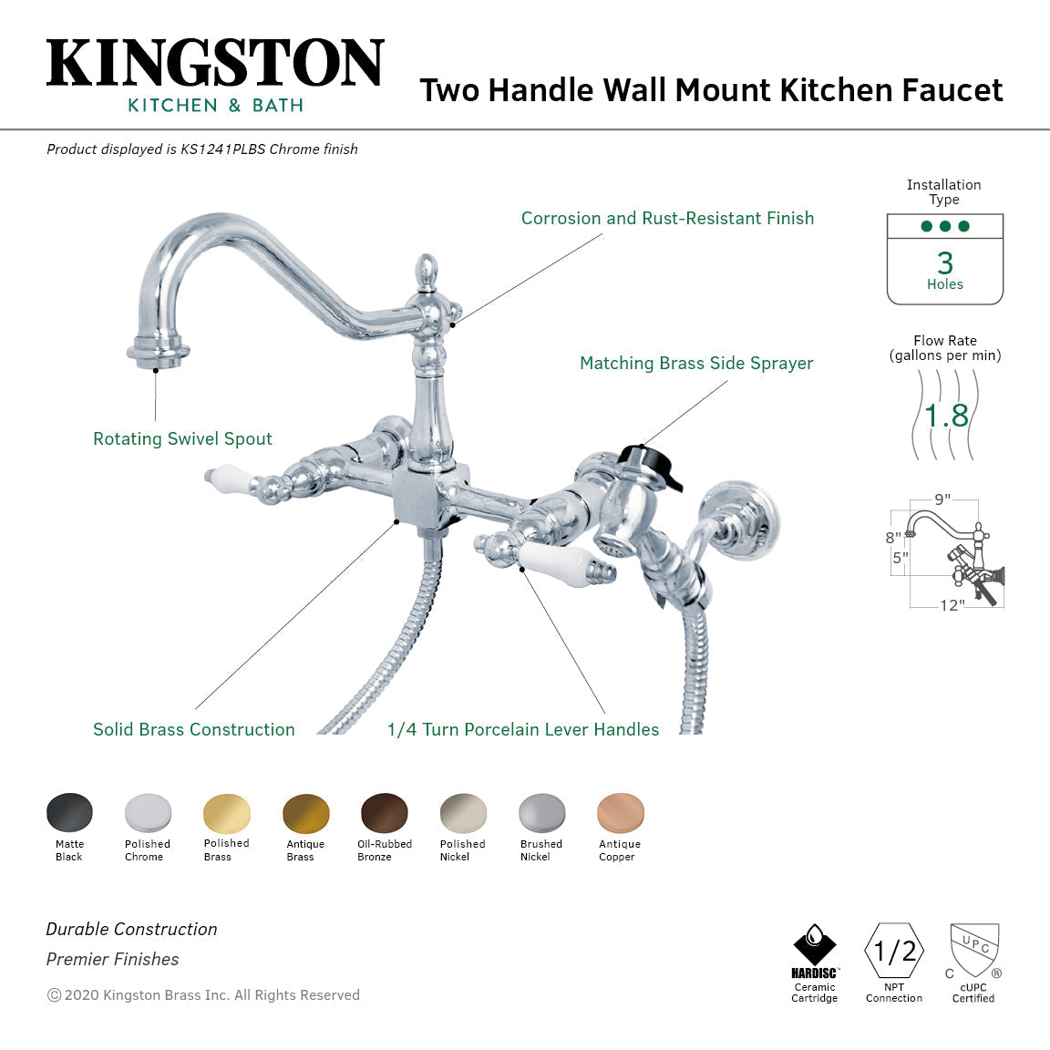 Heritage KS1245PLBS Two-Handle 2-Hole Wall Mount Bridge Kitchen Faucet with Brass Sprayer, Oil Rubbed Bronze