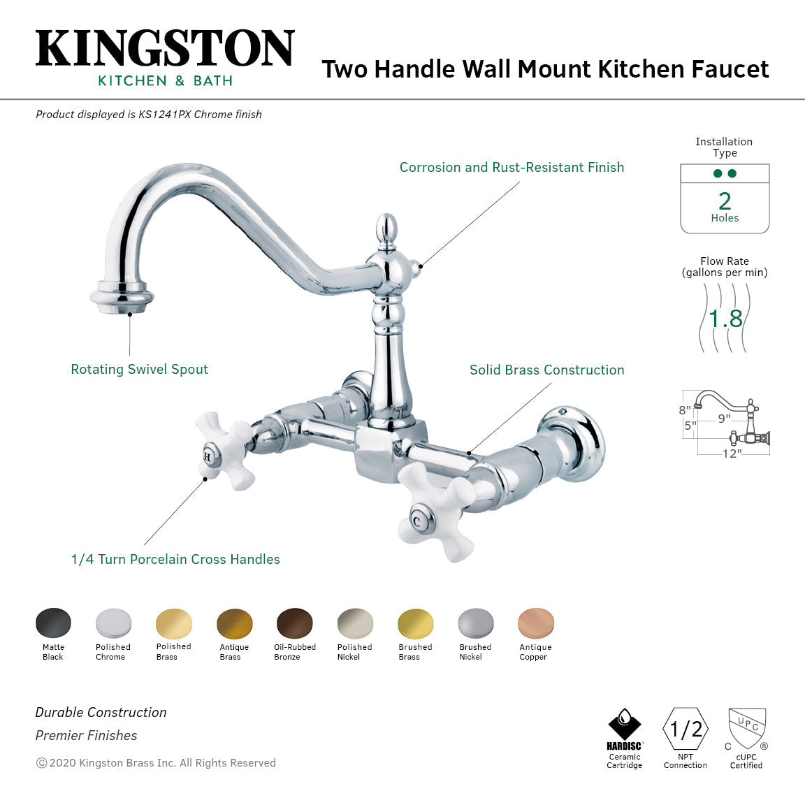 Heritage KS1245PX Two-Handle 2-Hole Wall Mount Bridge Kitchen Faucet, Oil Rubbed Bronze
