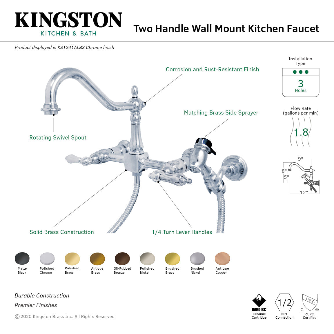 Heritage KS1246ALBS Two-Handle 2-Hole Wall Mount Bridge Kitchen Faucet with Brass Sprayer, Polished Nickel