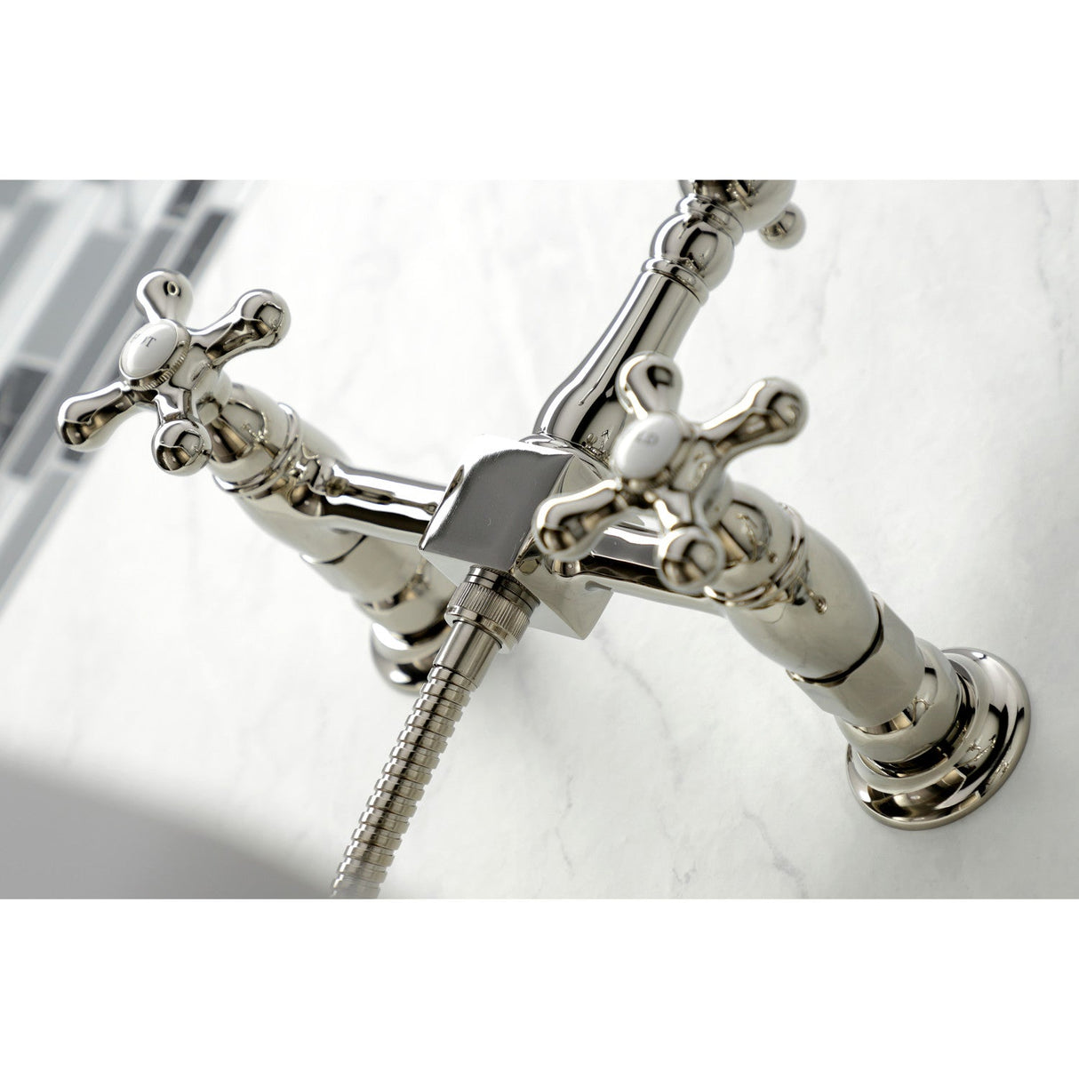 Heritage KS1246AXBS Two-Handle 2-Hole Wall Mount Bridge Kitchen Faucet with Brass Sprayer, Polished Nickel