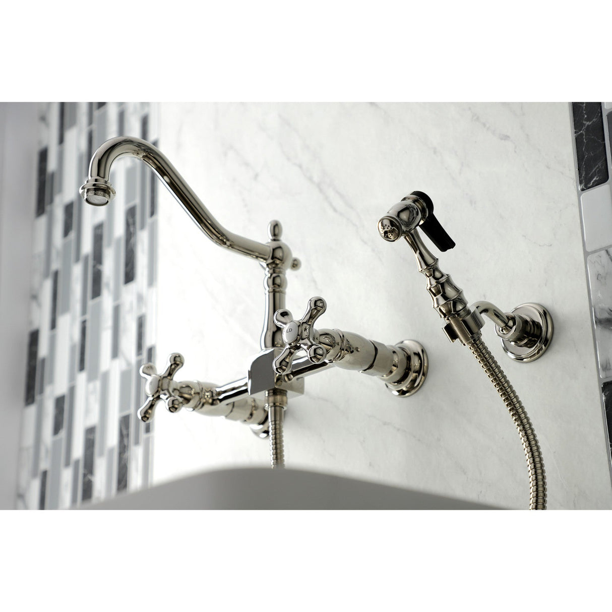 Heritage KS1246AXBS Two-Handle 2-Hole Wall Mount Bridge Kitchen Faucet with Brass Sprayer, Polished Nickel