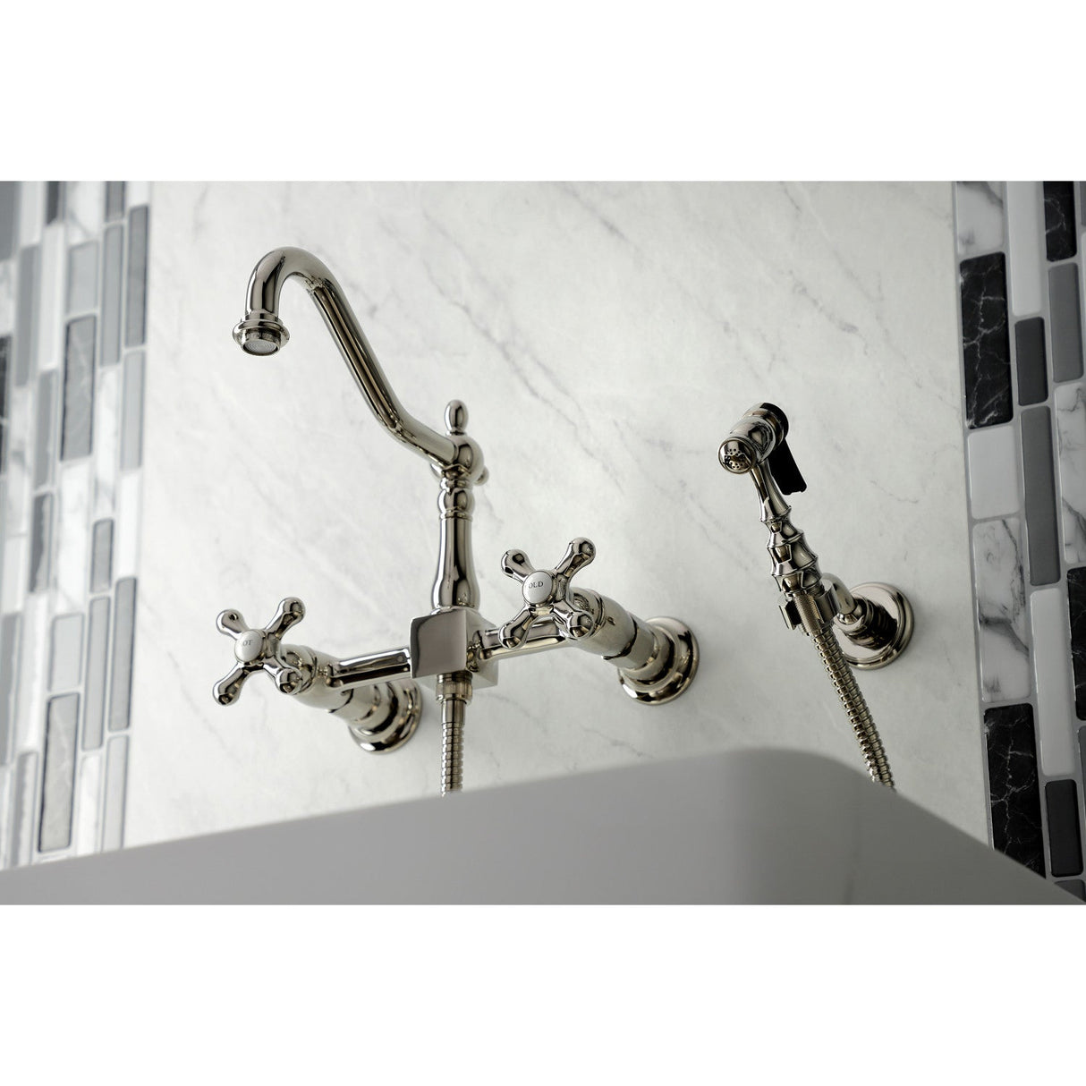 Heritage KS1246AXBS Two-Handle 2-Hole Wall Mount Bridge Kitchen Faucet with Brass Sprayer, Polished Nickel