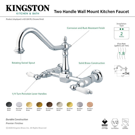 Heritage KS1247PL Two-Handle 2-Hole Wall Mount Bridge Kitchen Faucet, Brushed Brass