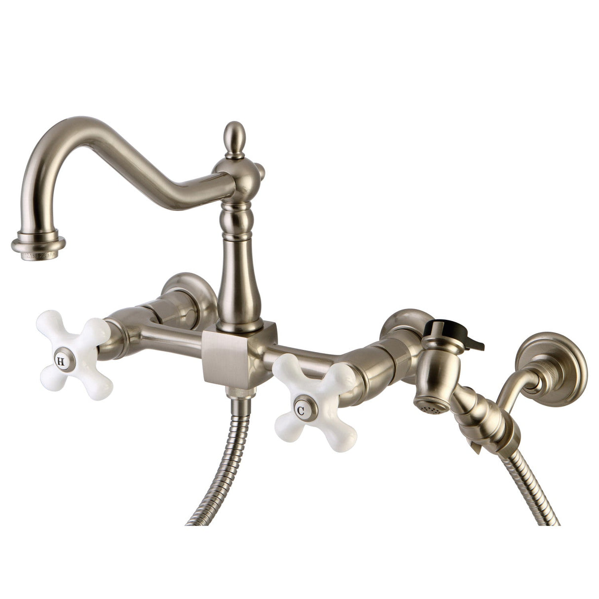 Heritage KS1248PXBS Two-Handle 2-Hole Wall Mount Bridge Kitchen Faucet with Brass Sprayer, Brushed Nickel