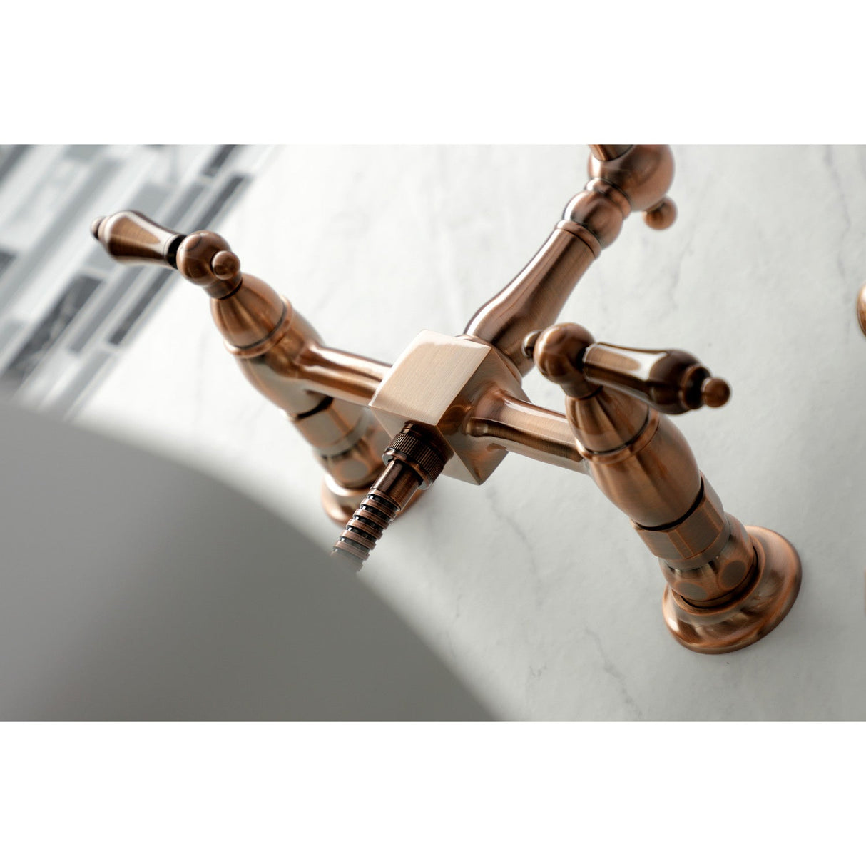 Heritage KS124ALBSAC Two-Handle 2-Hole Wall Mount Bridge Kitchen Faucet with Brass Sprayer, Antique Copper