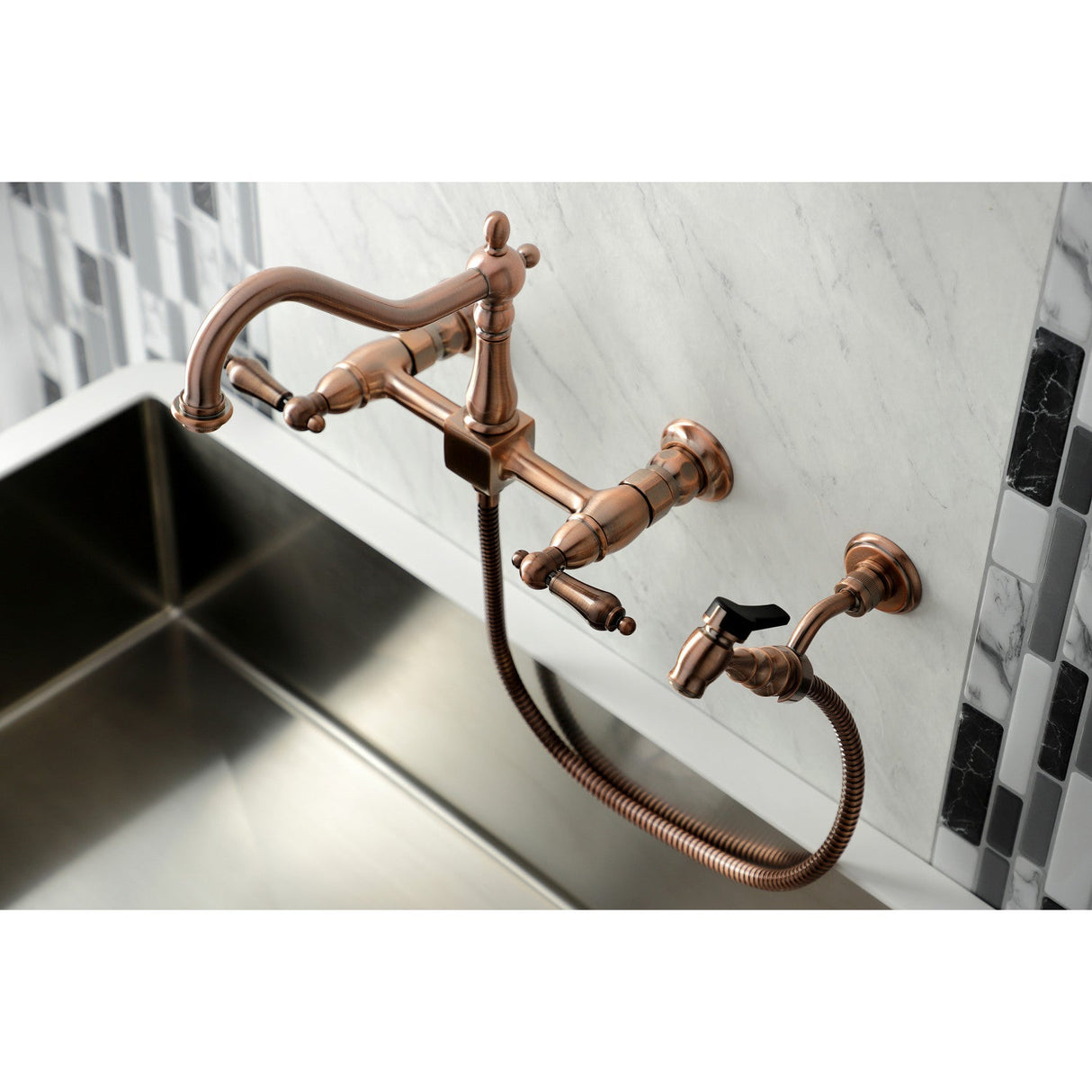 Heritage KS124ALBSAC Two-Handle 2-Hole Wall Mount Bridge Kitchen Faucet with Brass Sprayer, Antique Copper