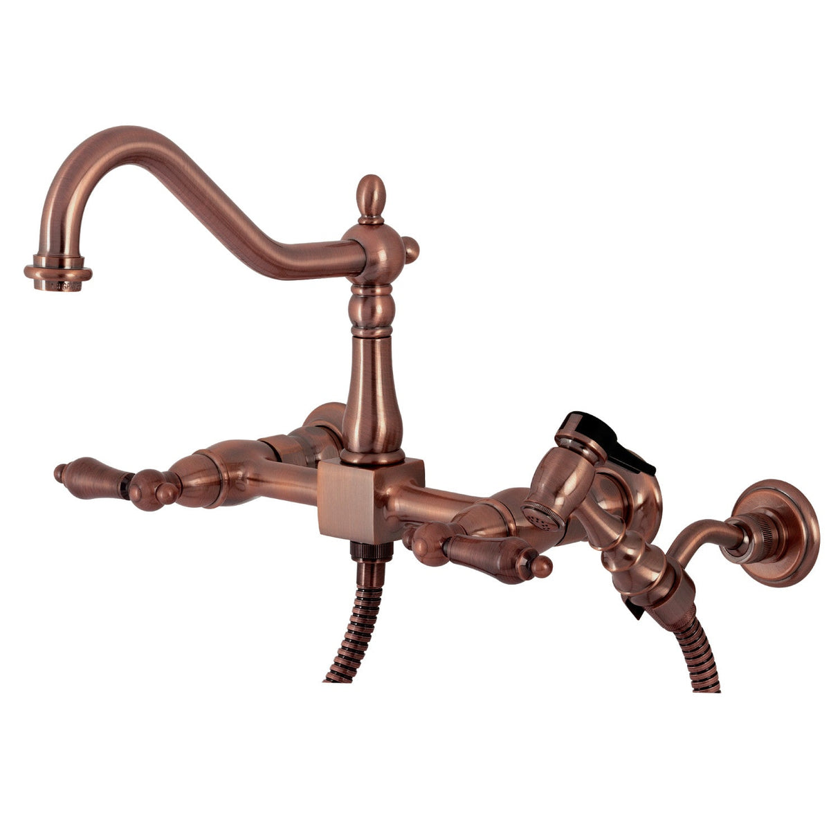 Heritage KS124ALBSAC Two-Handle 2-Hole Wall Mount Bridge Kitchen Faucet with Brass Sprayer, Antique Copper