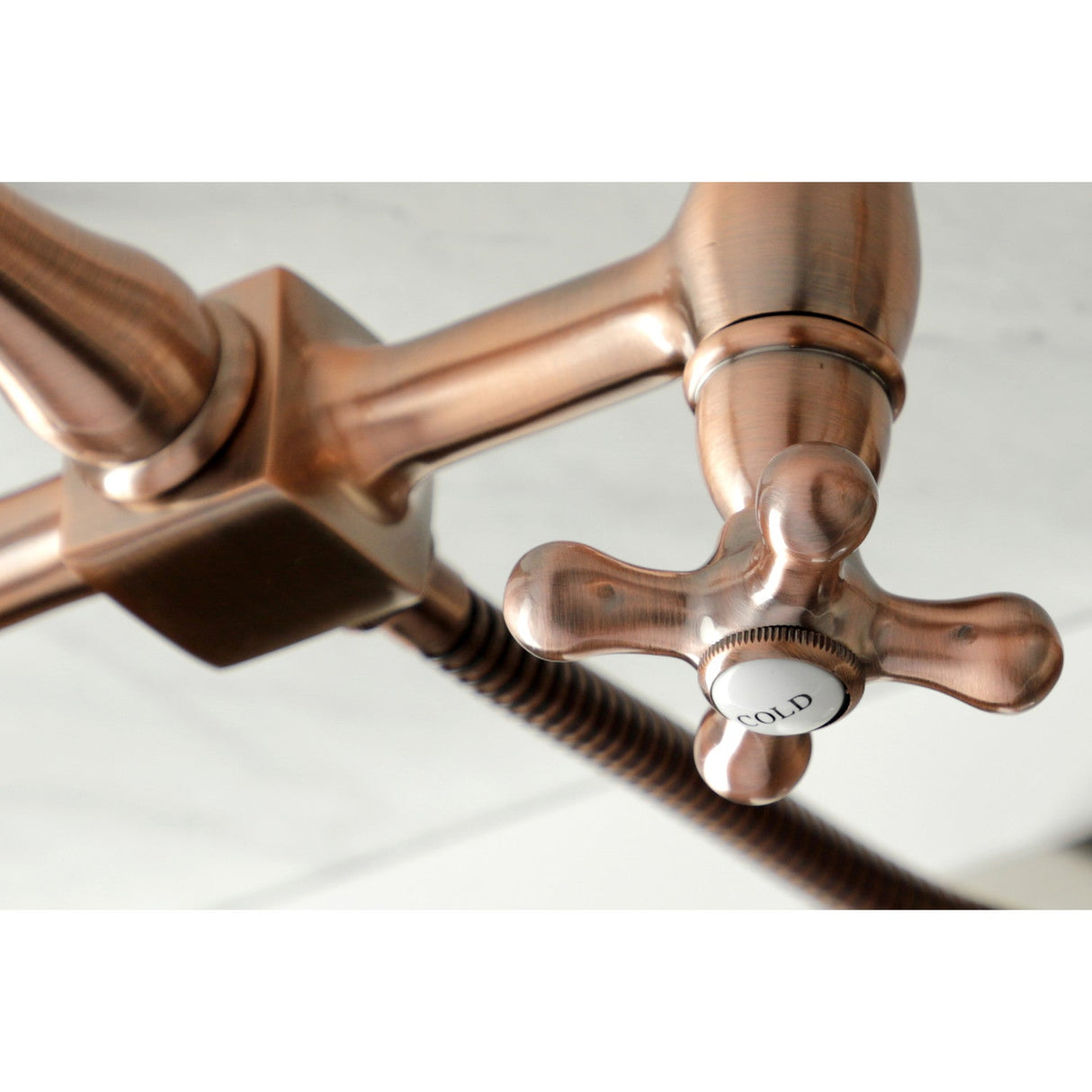 Heritage KS124AXBSAC Two-Handle 2-Hole Wall Mount Bridge Kitchen Faucet with Brass Sprayer, Antique Copper