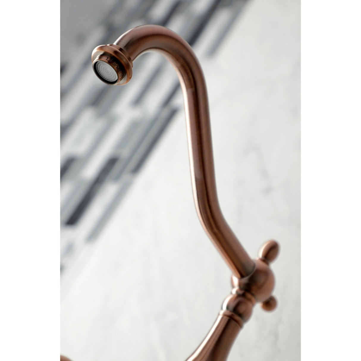 Heritage KS124AXBSAC Two-Handle 2-Hole Wall Mount Bridge Kitchen Faucet with Brass Sprayer, Antique Copper