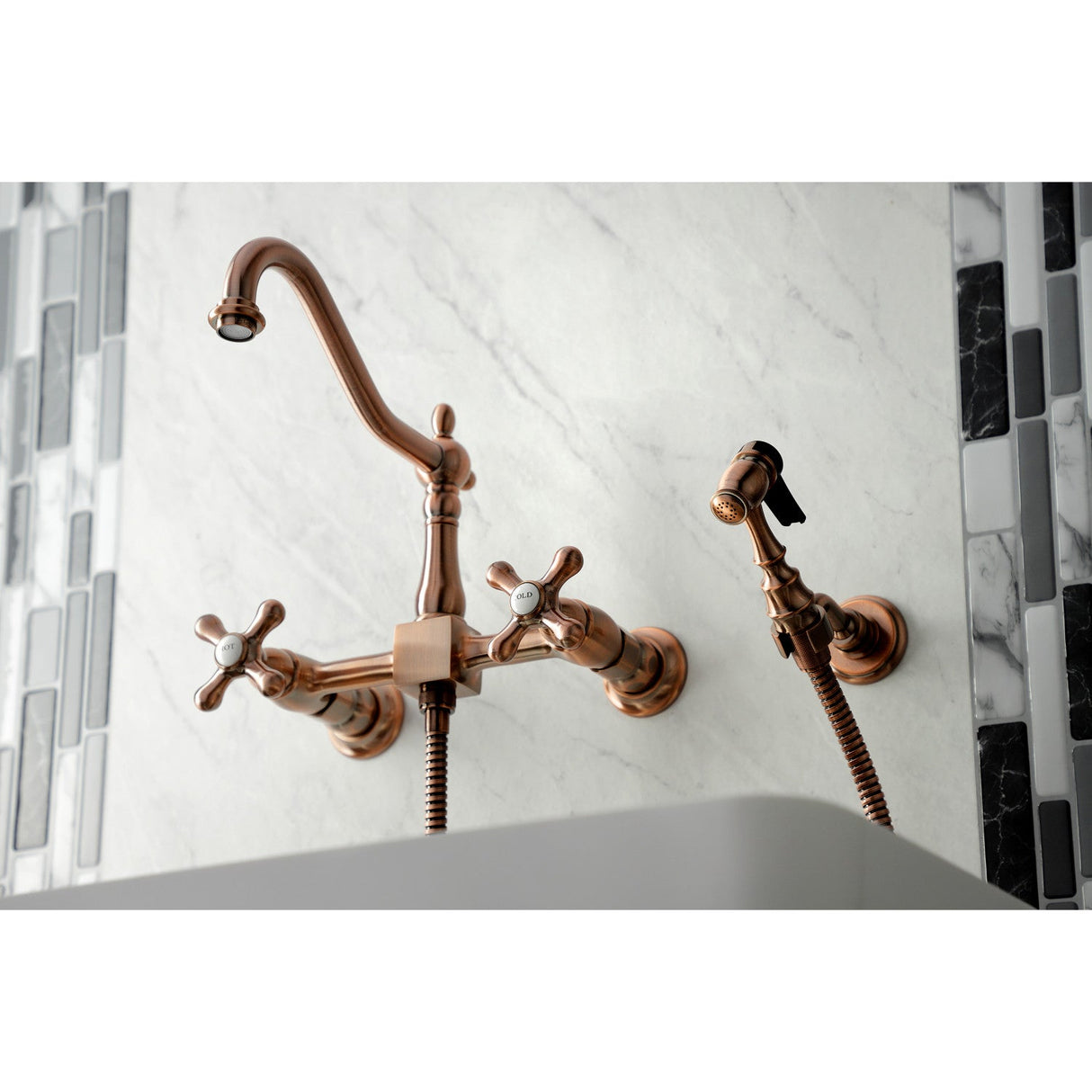 Heritage KS124AXBSAC Two-Handle 2-Hole Wall Mount Bridge Kitchen Faucet with Brass Sprayer, Antique Copper