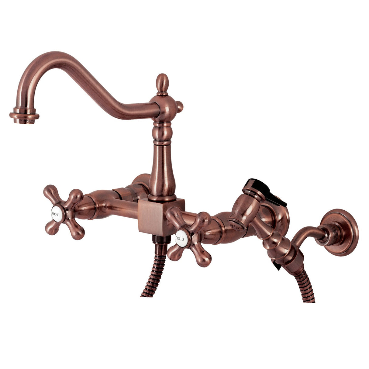 Heritage KS124AXBSAC Two-Handle 2-Hole Wall Mount Bridge Kitchen Faucet with Brass Sprayer, Antique Copper