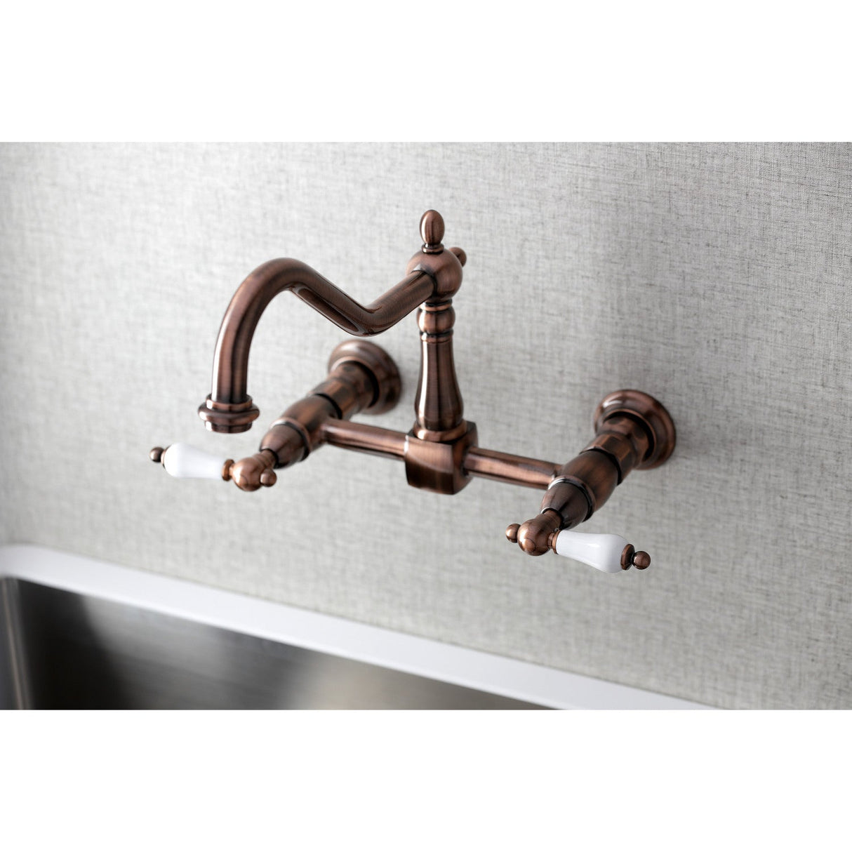 Heritage KS124PLAC Two-Handle 2-Hole Wall Mount Bridge Kitchen Faucet, Antique Copper
