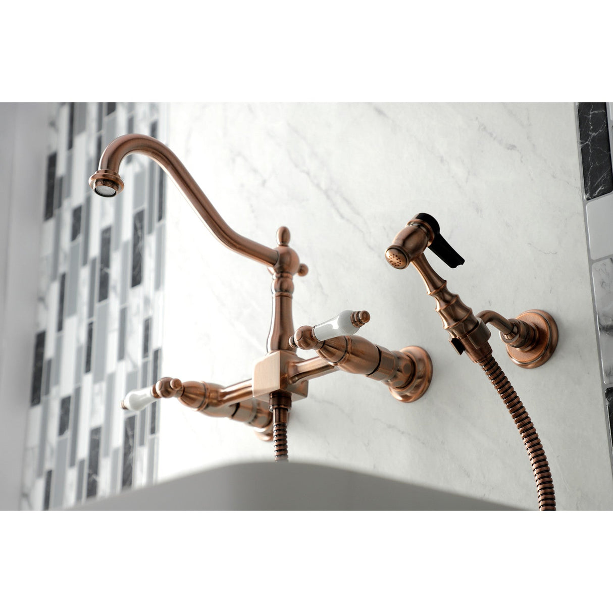 Heritage KS124PLBSAC Two-Handle 2-Hole Wall Mount Bridge Kitchen Faucet with Brass Sprayer, Antique Copper