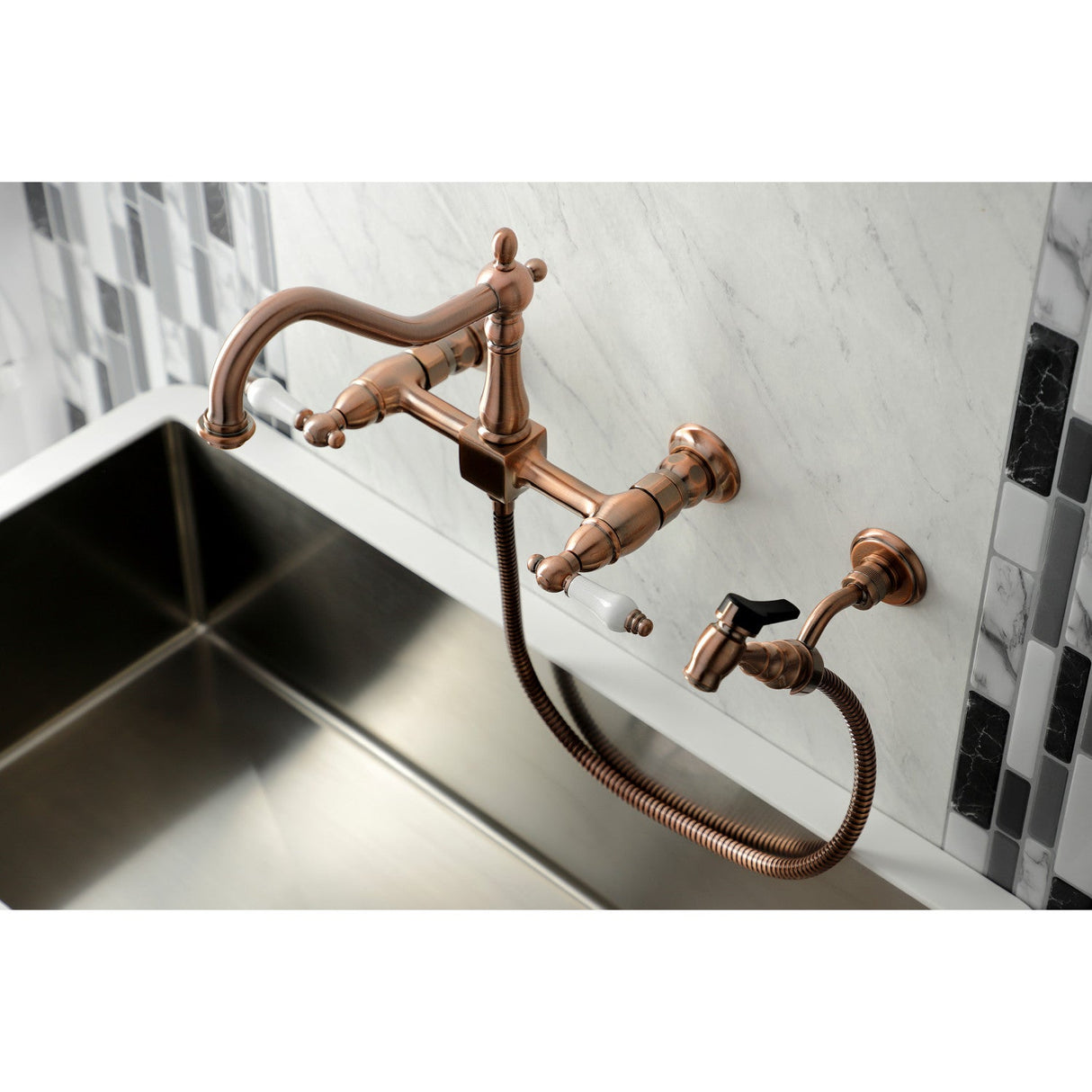 Heritage KS124PLBSAC Two-Handle 2-Hole Wall Mount Bridge Kitchen Faucet with Brass Sprayer, Antique Copper