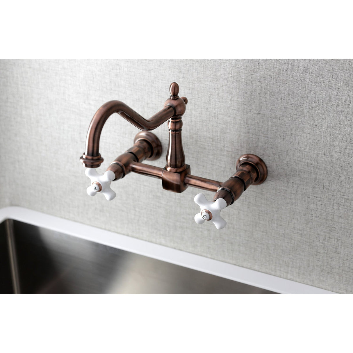 Heritage KS124PXAC Two-Handle 2-Hole Wall Mount Bridge Kitchen Faucet, Antique Copper