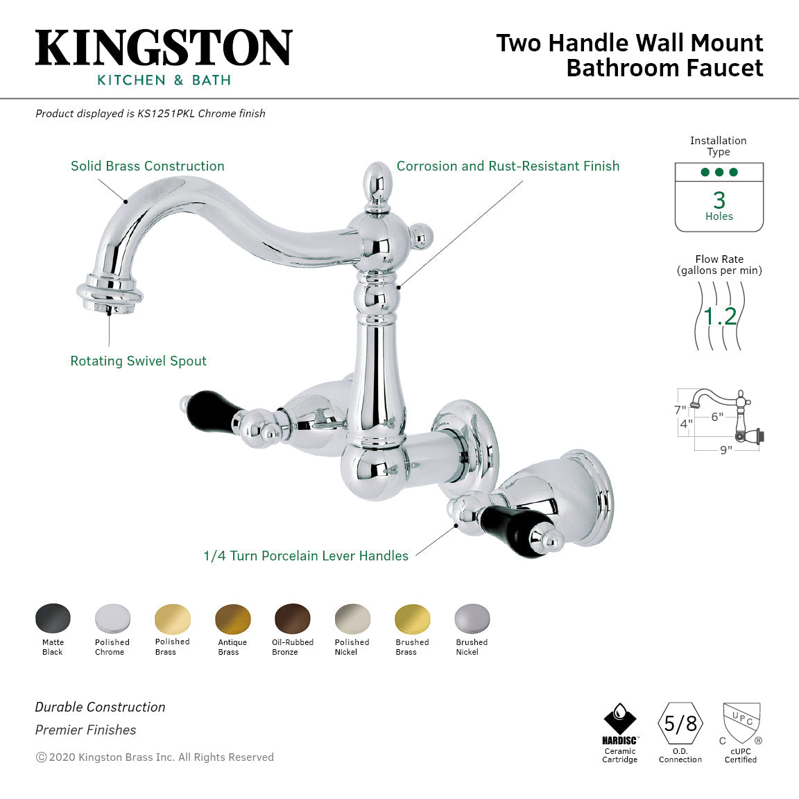 Duchess KS1256PKL Two-Handle Wall Mount Bathroom Faucet, Polished Nickel
