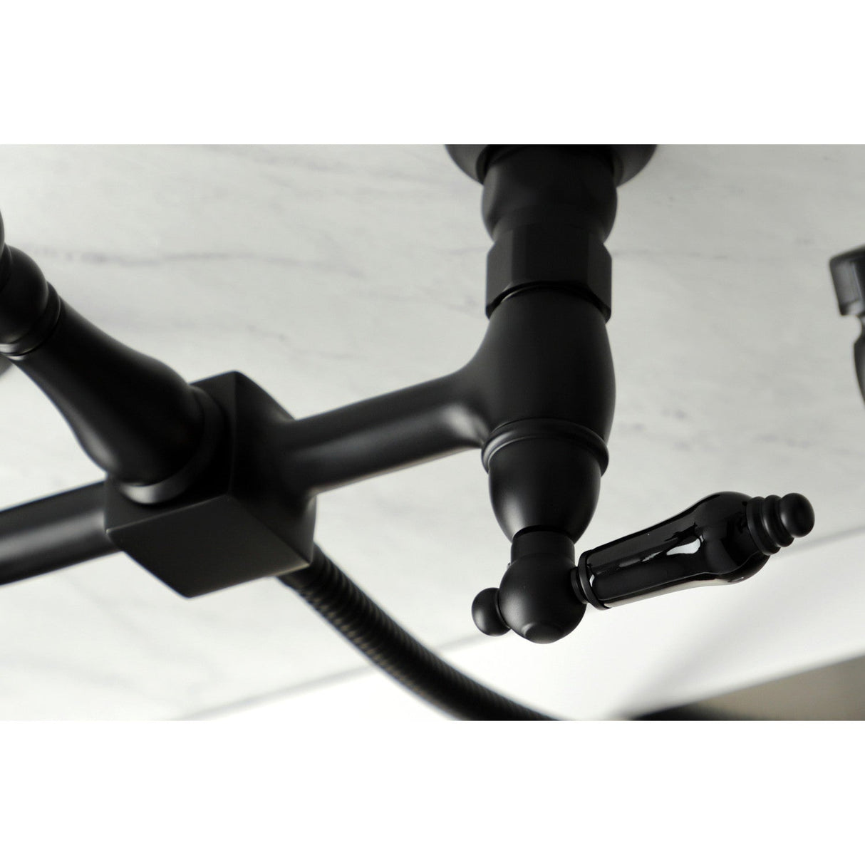 Duchess KS1260PKLBS Two-Handle 2-Hole Wall Mount Bridge Kitchen Faucet with Brass Sprayer, Matte Black