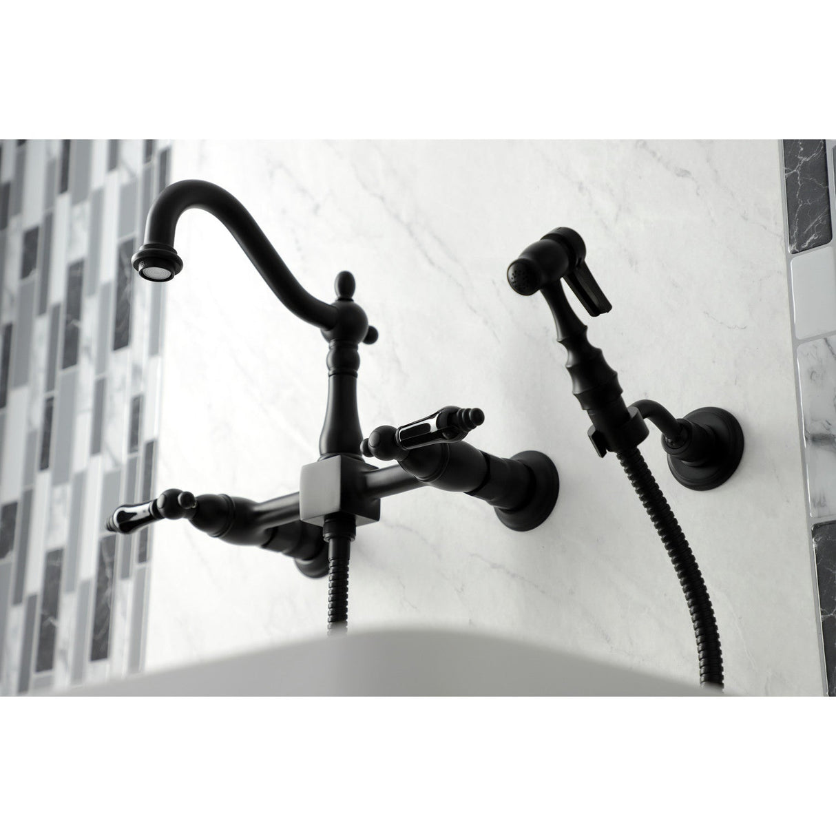 Duchess KS1260PKLBS Two-Handle 2-Hole Wall Mount Bridge Kitchen Faucet with Brass Sprayer, Matte Black