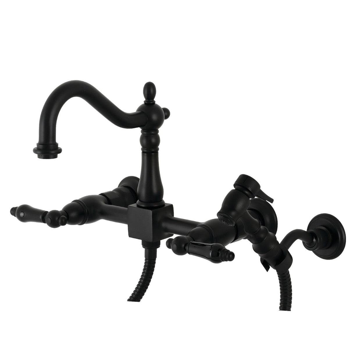 Duchess KS1260PKLBS Two-Handle 2-Hole Wall Mount Bridge Kitchen Faucet with Brass Sprayer, Matte Black