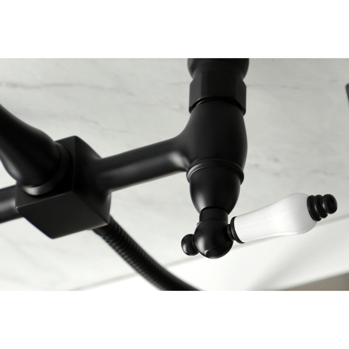 Heritage KS1260PLBS Two-Handle 2-Hole Wall Mount Bridge Kitchen Faucet with Brass Sprayer, Matte Black