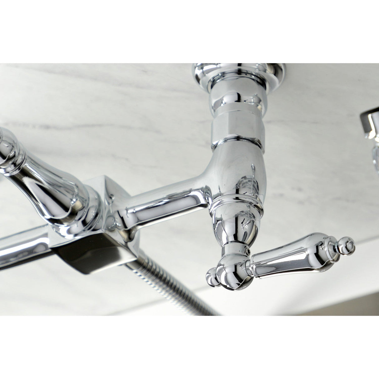 Heritage KS1261ALBS Two-Handle 2-Hole Wall Mount Bridge Kitchen Faucet with Brass Sprayer, Polished Chrome