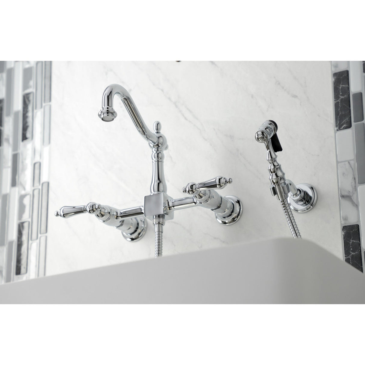 Heritage KS1261ALBS Two-Handle 2-Hole Wall Mount Bridge Kitchen Faucet with Brass Sprayer, Polished Chrome