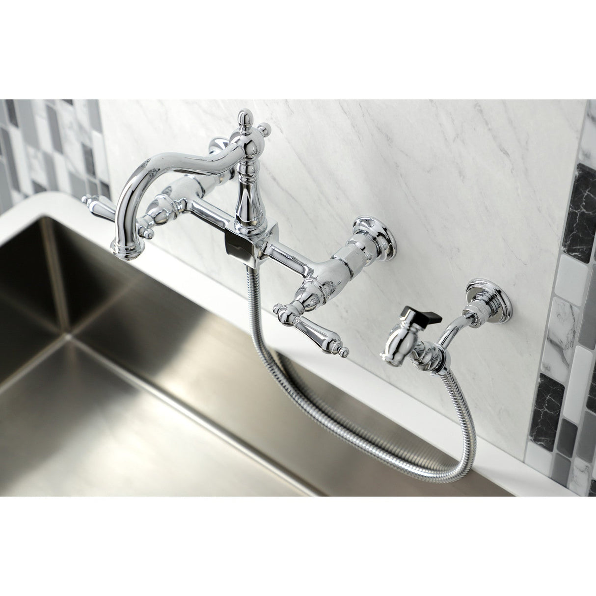 Heritage KS1261ALBS Two-Handle 2-Hole Wall Mount Bridge Kitchen Faucet with Brass Sprayer, Polished Chrome