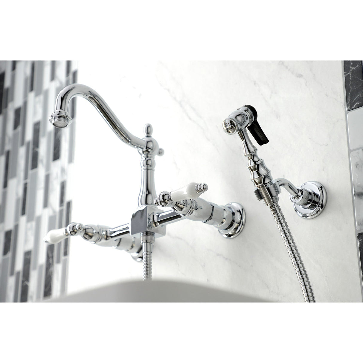 Heritage KS1261PLBS Two-Handle 2-Hole Wall Mount Bridge Kitchen Faucet with Brass Sprayer, Polished Chrome
