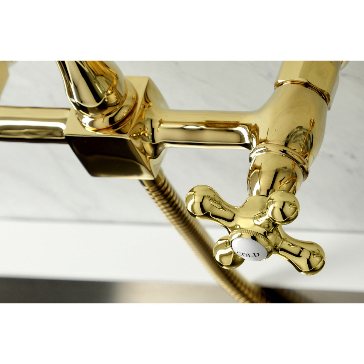Heritage KS1262AXBS Two-Handle 2-Hole Wall Mount Bridge Kitchen Faucet with Brass Sprayer, Polished Brass