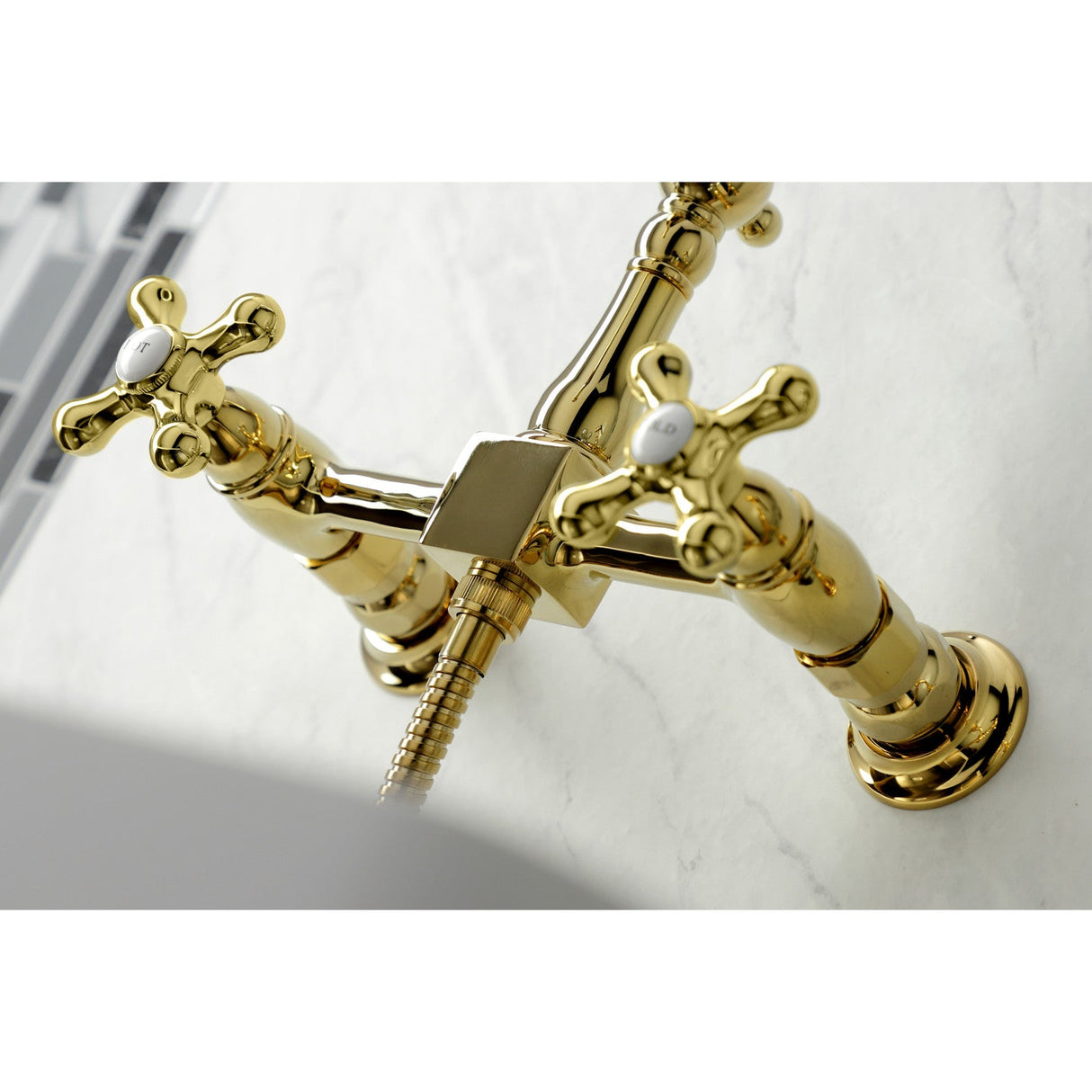 Heritage KS1262AXBS Two-Handle 2-Hole Wall Mount Bridge Kitchen Faucet with Brass Sprayer, Polished Brass