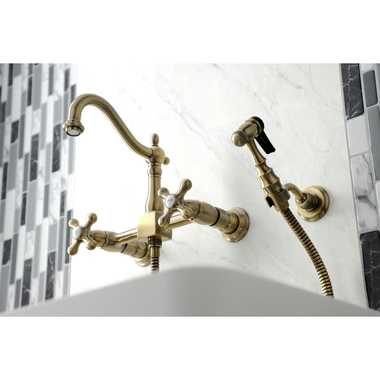 Heritage KS1263AXBS Two-Handle 2-Hole Wall Mount Bridge Kitchen Faucet with Brass Sprayer, Antique Brass