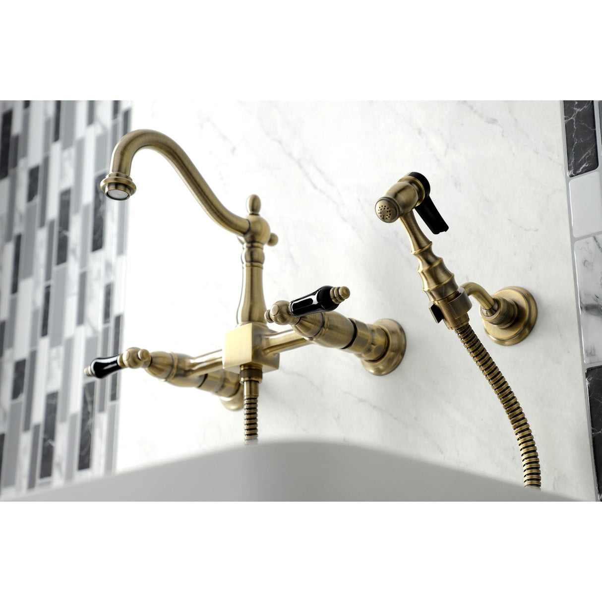 Duchess KS1263PKLBS Two-Handle 2-Hole Wall Mount Bridge Kitchen Faucet with Brass Sprayer, Antique Brass