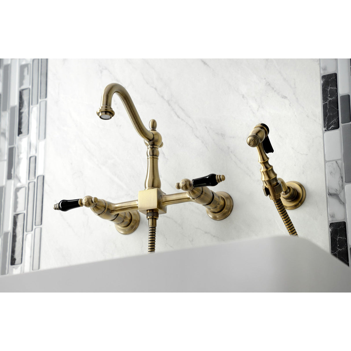 Duchess KS1263PKLBS Two-Handle 2-Hole Wall Mount Bridge Kitchen Faucet with Brass Sprayer, Antique Brass