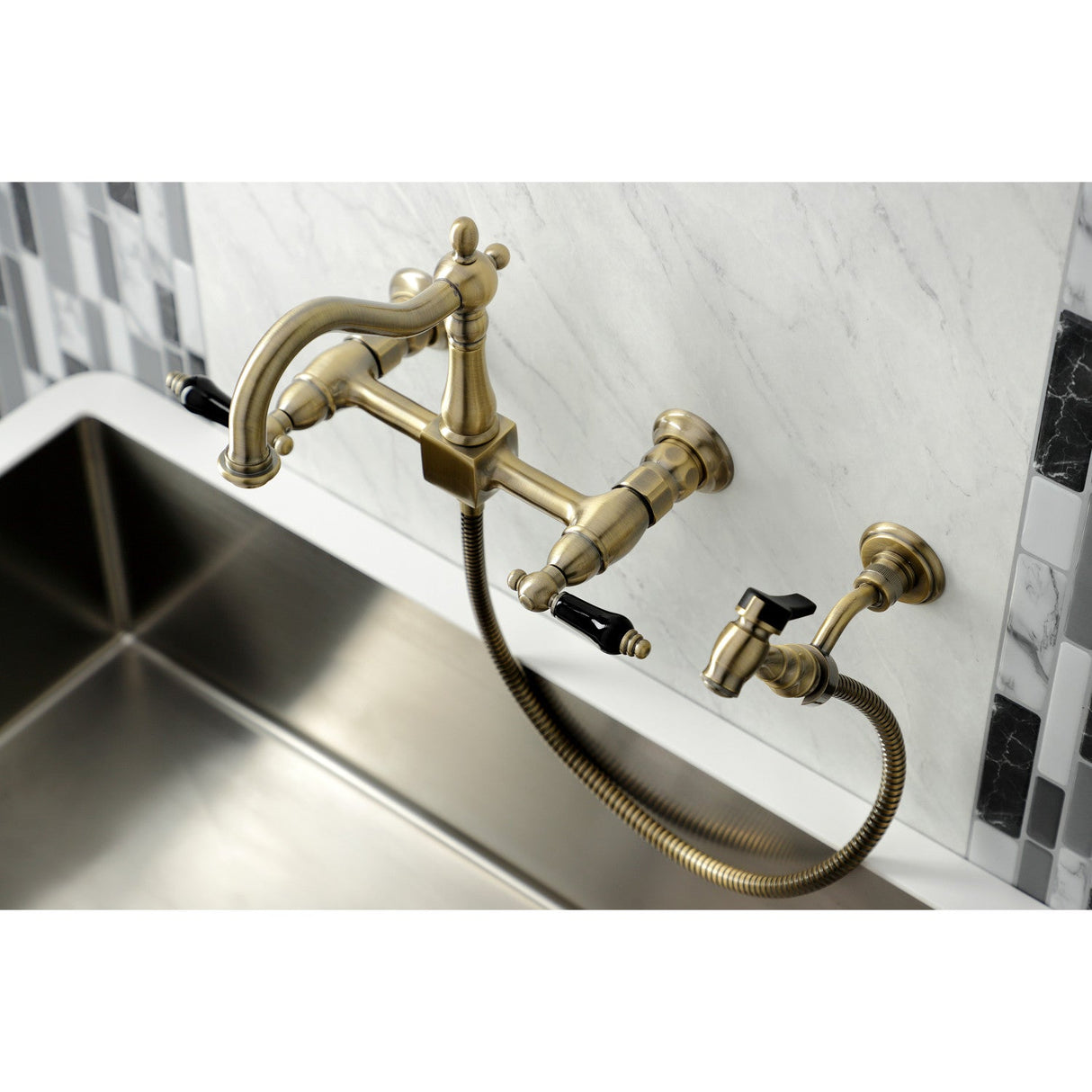 Duchess KS1263PKLBS Two-Handle 2-Hole Wall Mount Bridge Kitchen Faucet with Brass Sprayer, Antique Brass