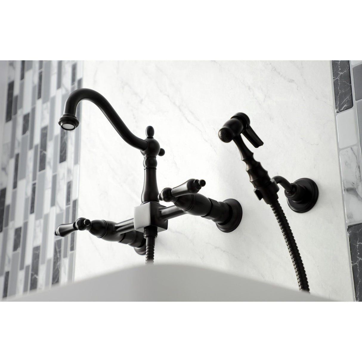 Heritage KS1265ALBS Two-Handle 2-Hole Wall Mount Bridge Kitchen Faucet with Brass Sprayer, Oil Rubbed Bronze
