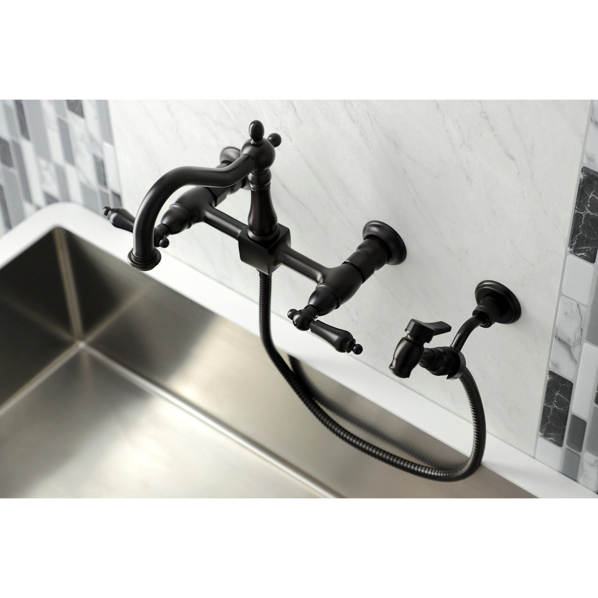 Heritage KS1265ALBS Two-Handle 2-Hole Wall Mount Bridge Kitchen Faucet with Brass Sprayer, Oil Rubbed Bronze
