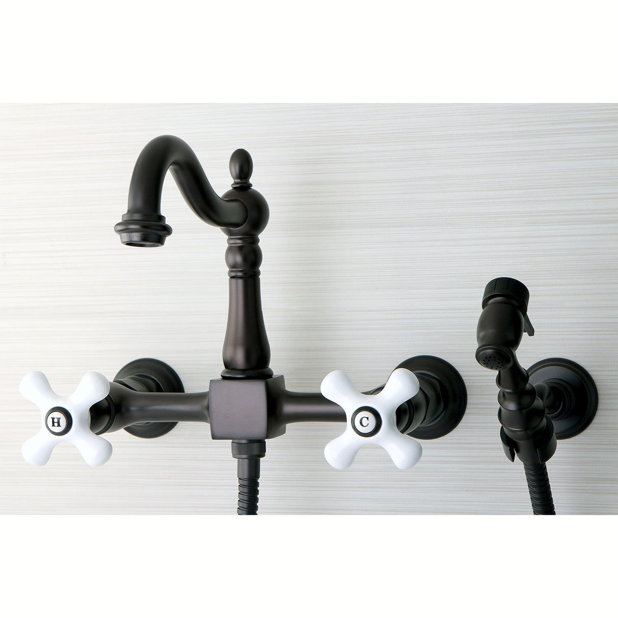 Heritage KS1265PXBS Two-Handle 2-Hole Wall Mount Bridge Kitchen Faucet with Brass Sprayer, Oil Rubbed Bronze