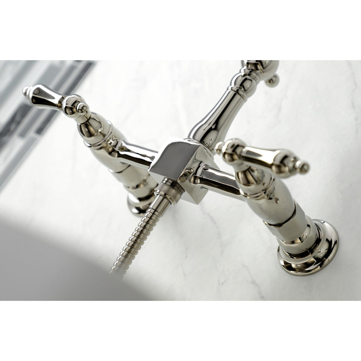 Heritage KS1266ALBS Two-Handle 2-Hole Wall Mount Bridge Kitchen Faucet with Brass Sprayer, Polished Nickel