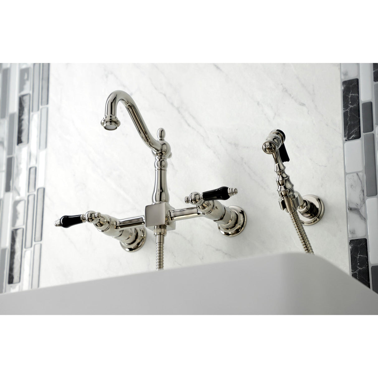 Duchess KS1266PKLBS Two-Handle 2-Hole Wall Mount Bridge Kitchen Faucet with Brass Sprayer, Polished Nickel