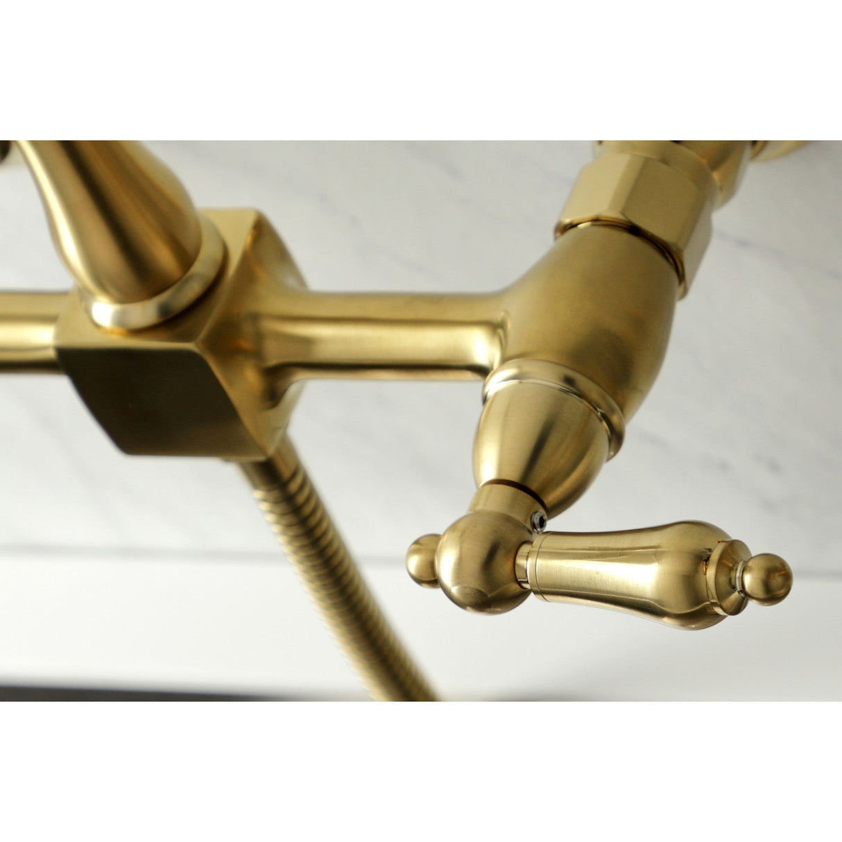Heritage KS1267ALBS Two-Handle 2-Hole Wall Mount Bridge Kitchen Faucet with Brass Sprayer, Brushed Brass