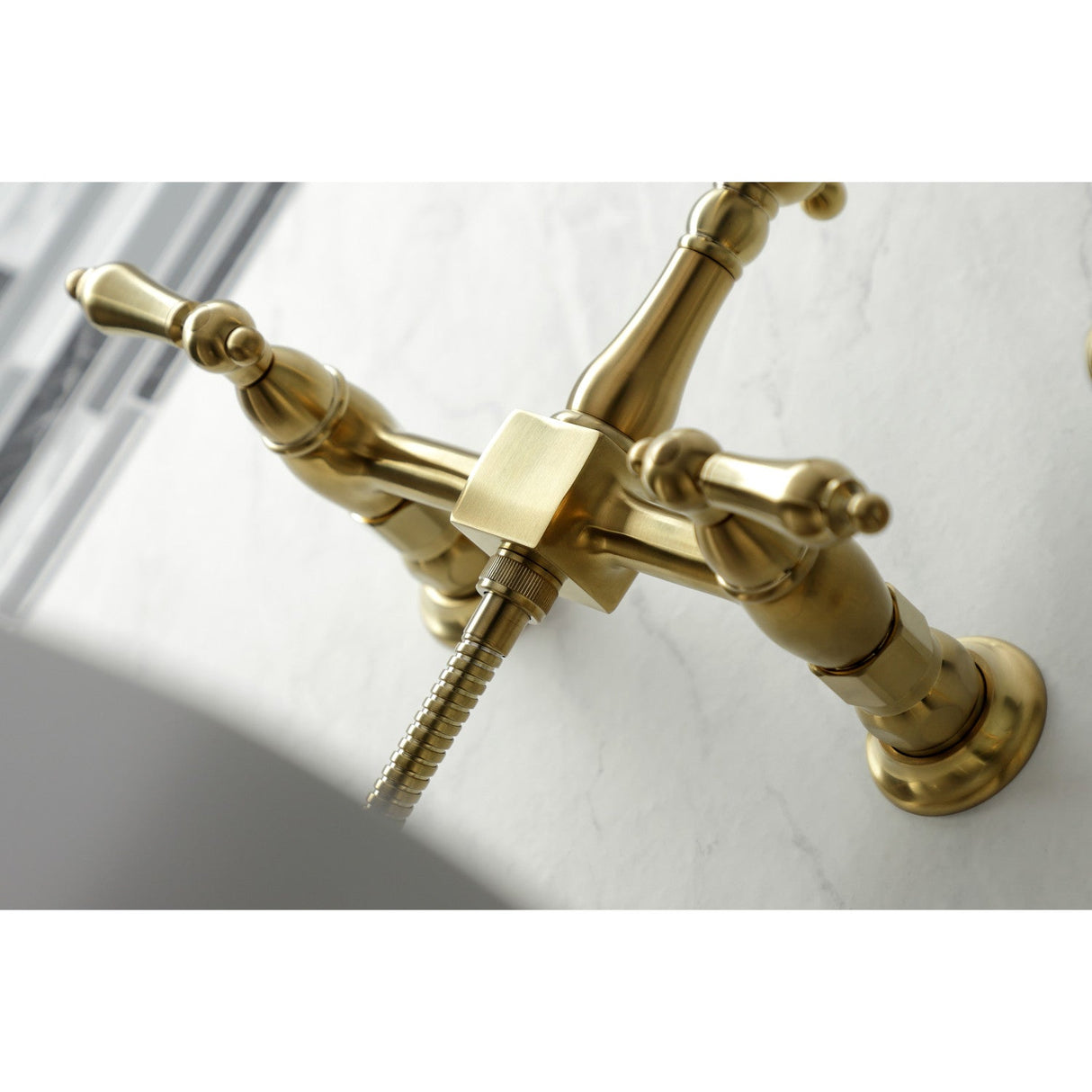 Heritage KS1267ALBS Two-Handle 2-Hole Wall Mount Bridge Kitchen Faucet with Brass Sprayer, Brushed Brass