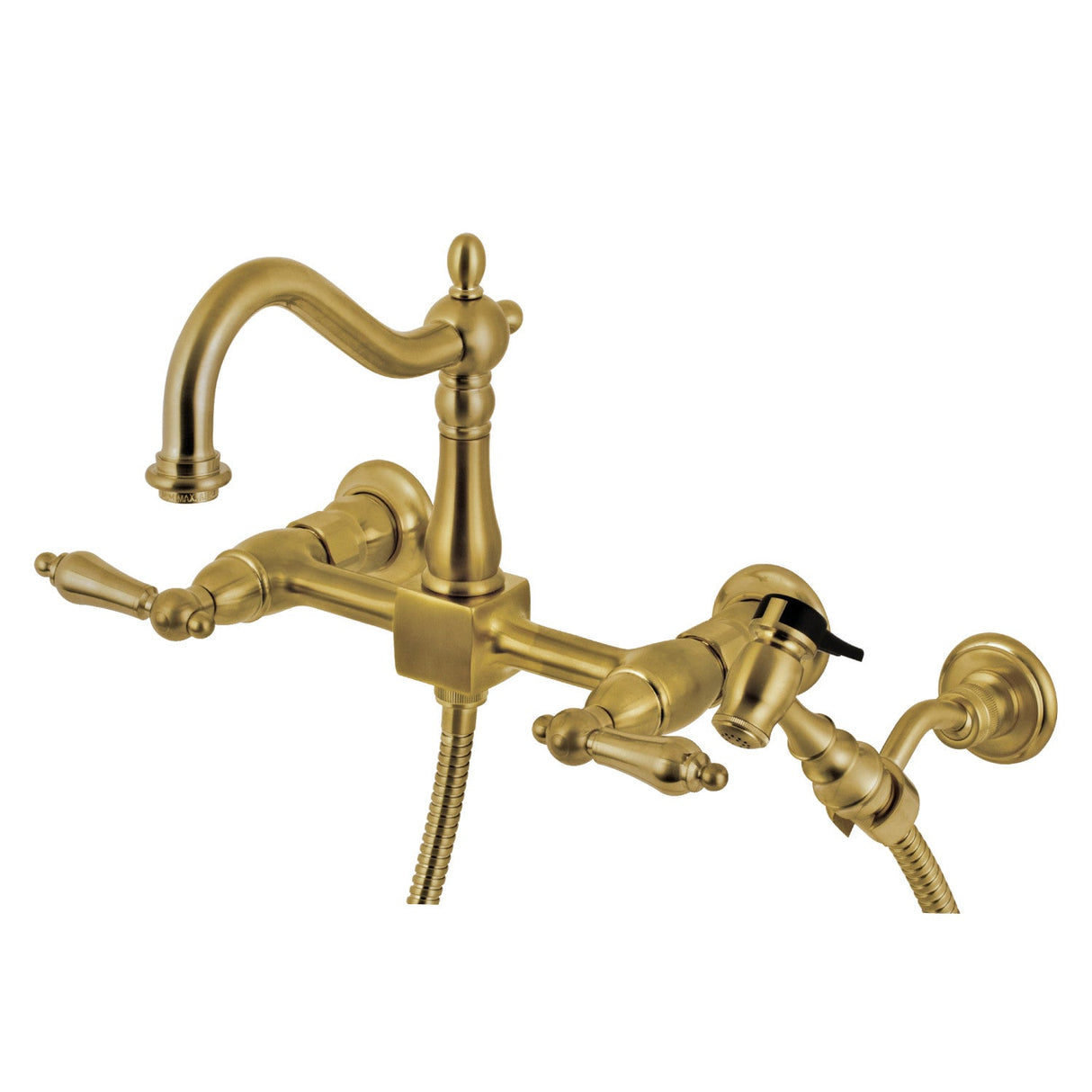Heritage KS1267ALBS Two-Handle 2-Hole Wall Mount Bridge Kitchen Faucet with Brass Sprayer, Brushed Brass