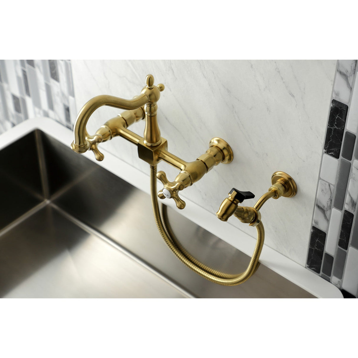 Heritage KS1267AXBS Two-Handle 2-Hole Wall Mount Bridge Kitchen Faucet with Brass Sprayer, Brushed Brass