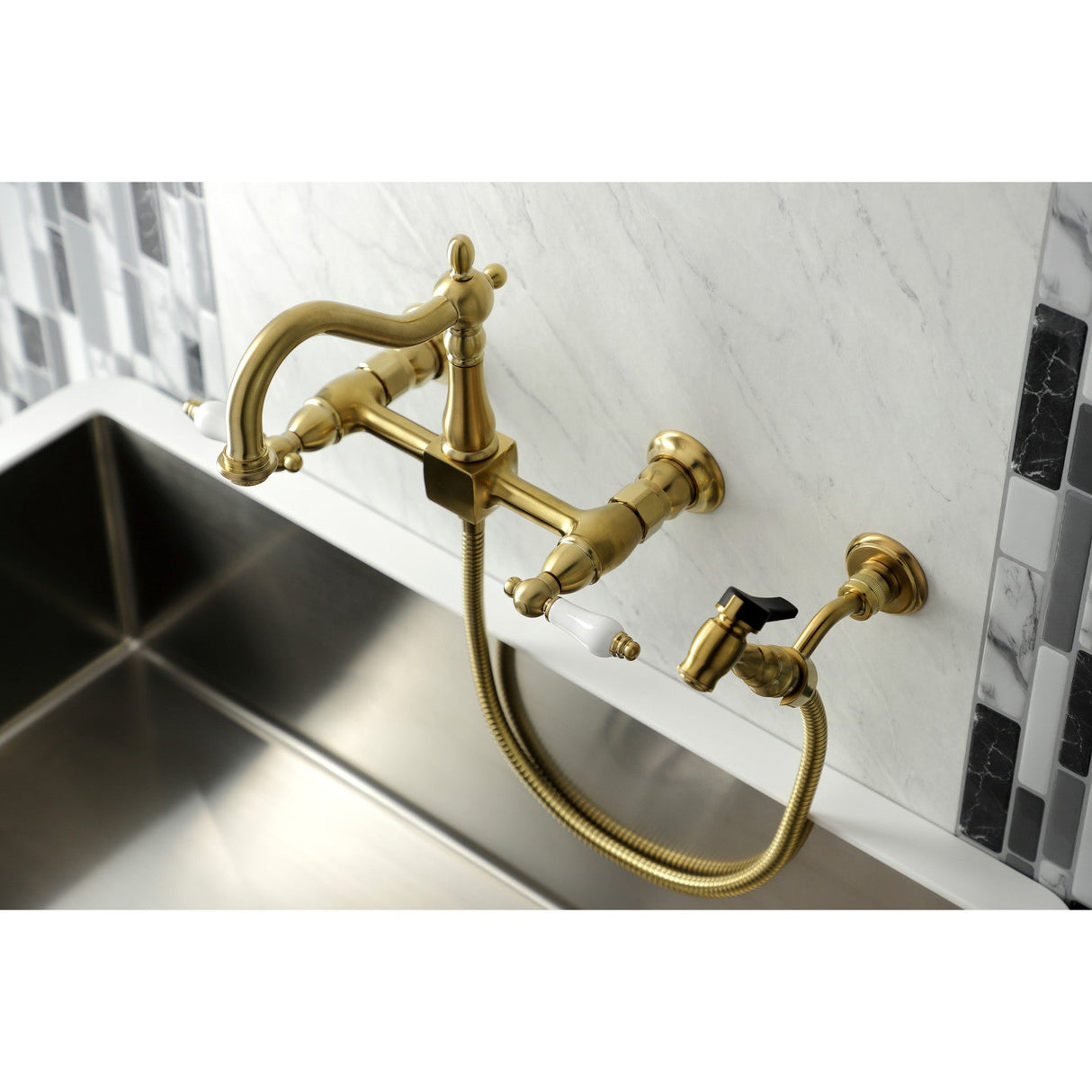 Heritage KS1267PLBS Two-Handle 2-Hole Wall Mount Bridge Kitchen Faucet with Brass Sprayer, Brushed Brass
