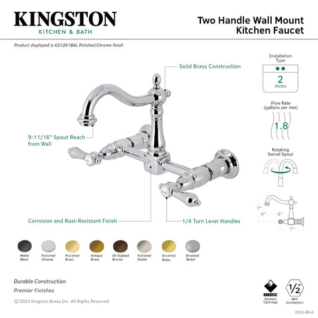 Heirloom KS1268BAL Two-Handle 2-Hole Wall Mount Kitchen Faucet, Brushed Nickel