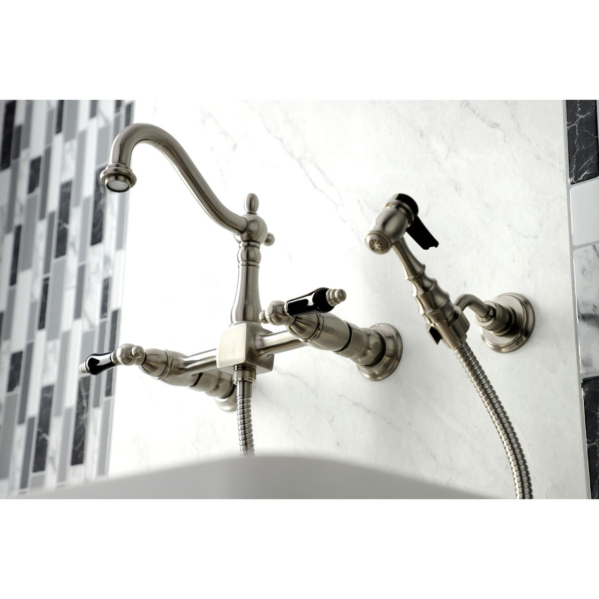 Duchess KS1268PKLBS Two-Handle 2-Hole Wall Mount Bridge Kitchen Faucet with Brass Sprayer, Brushed Nickel